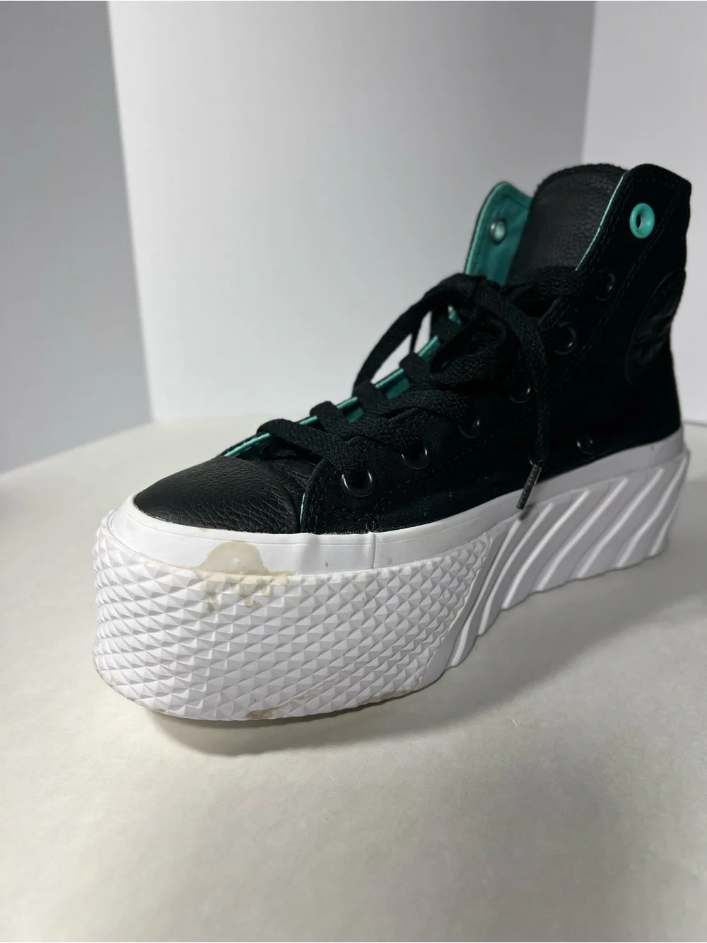 Black Converse High-Top Platform Sneakers with faux leather and Teal Accents